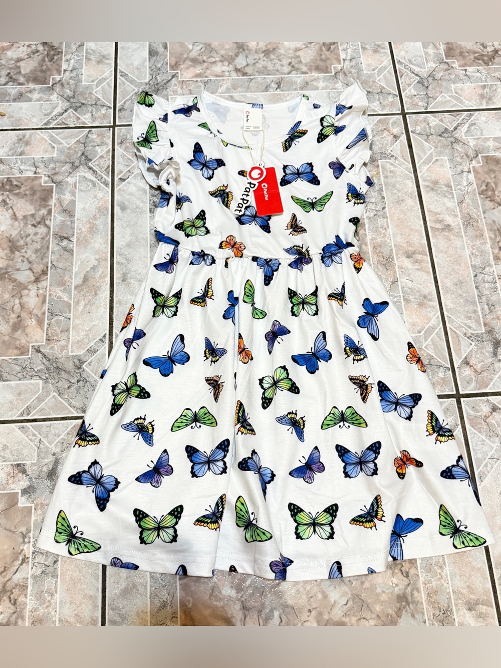 PatPat White Dress with Blue, Green and Orange Butterfly Print